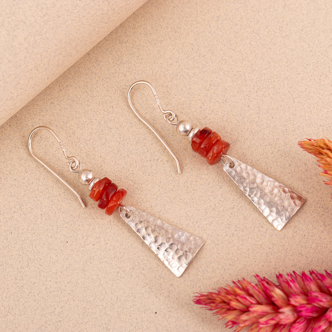 Modern Hammered Pyramid-Themed Agate Silver Dangle Earrings - Pyramids of Energy