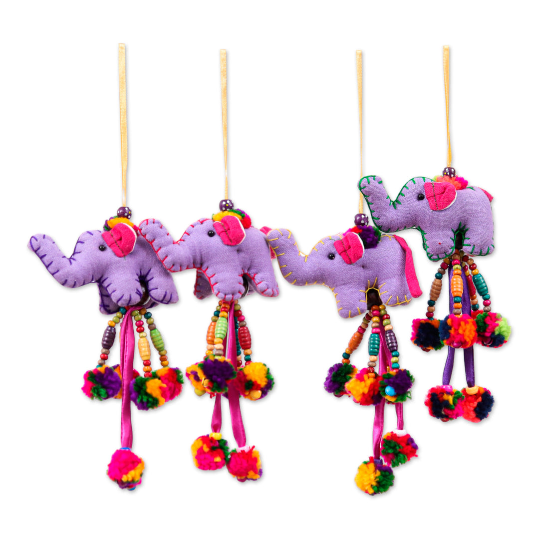Thai 4-Piece Cotton Blend Elephant Ornament Set in Purple - Magic of Giants