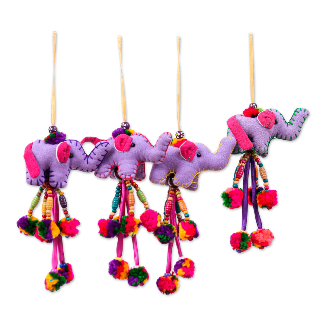 Thai 4-Piece Cotton Blend Elephant Ornament Set in Purple - Magic of Giants
