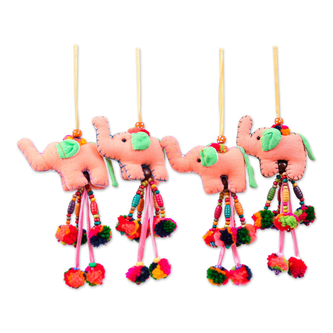Folk Art 4-Piece Cotton Blend Elephant Ornament Set in Peach - Grace of Giants