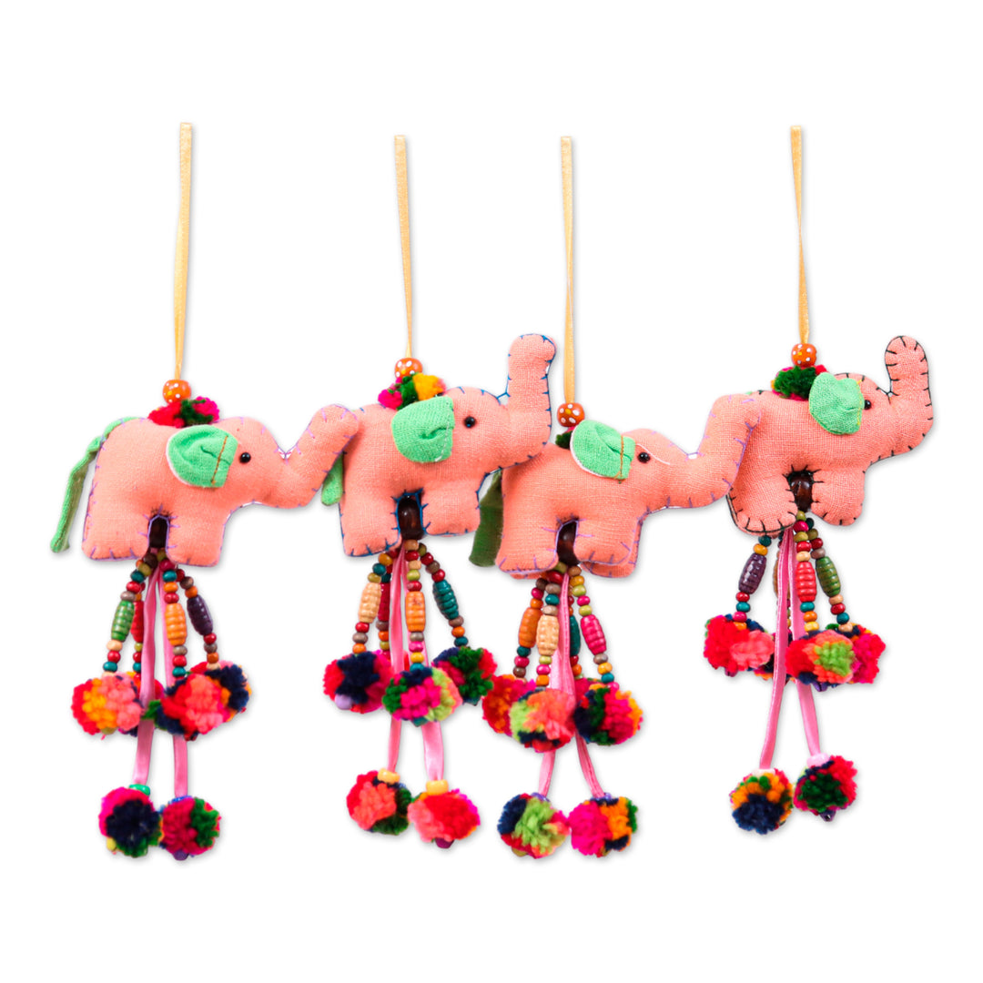 Folk Art 4-Piece Cotton Blend Elephant Ornament Set in Peach - Grace of Giants