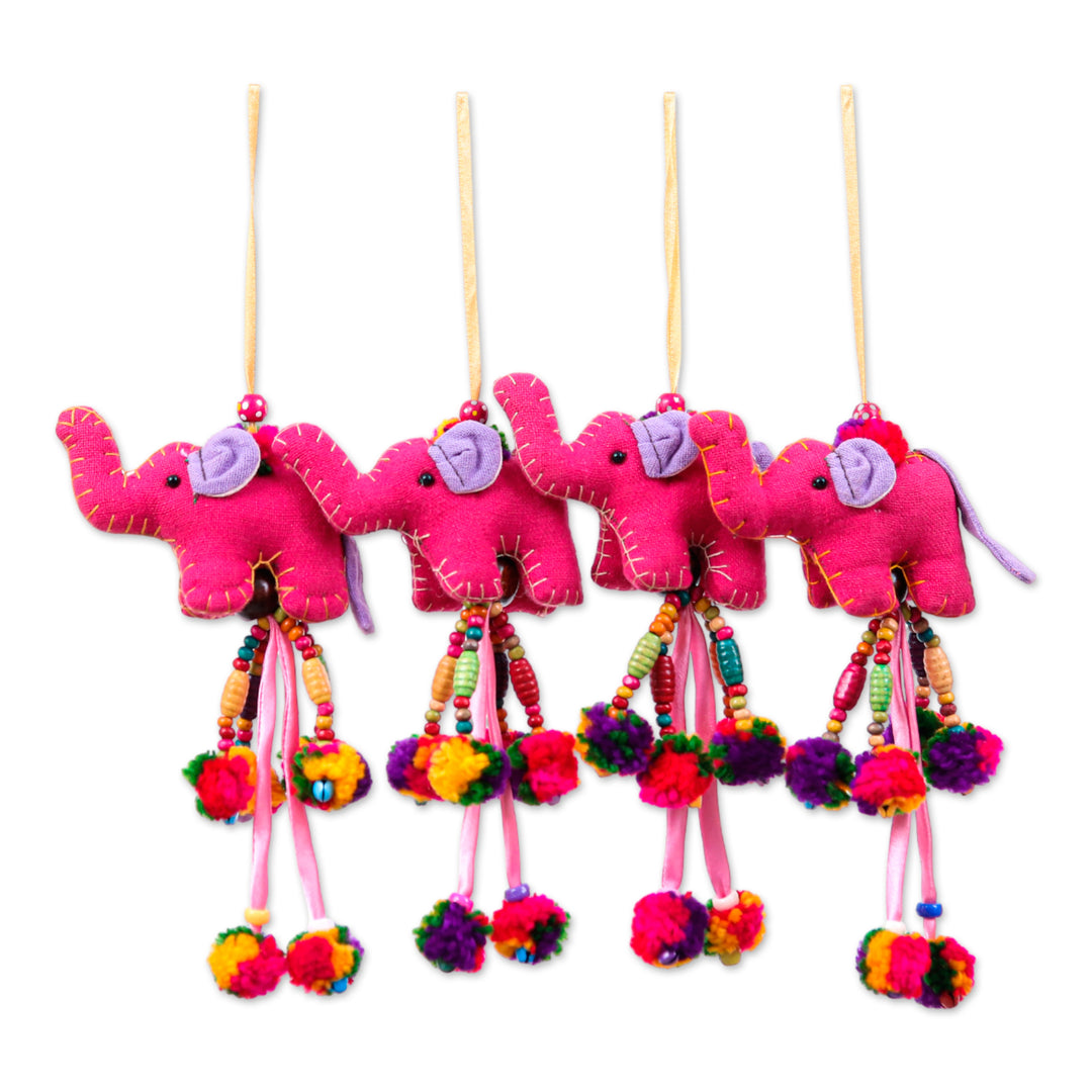 4-Piece Cotton Blend Elephant Ornament Set in Fuchsia Hues - Caprice of Giants