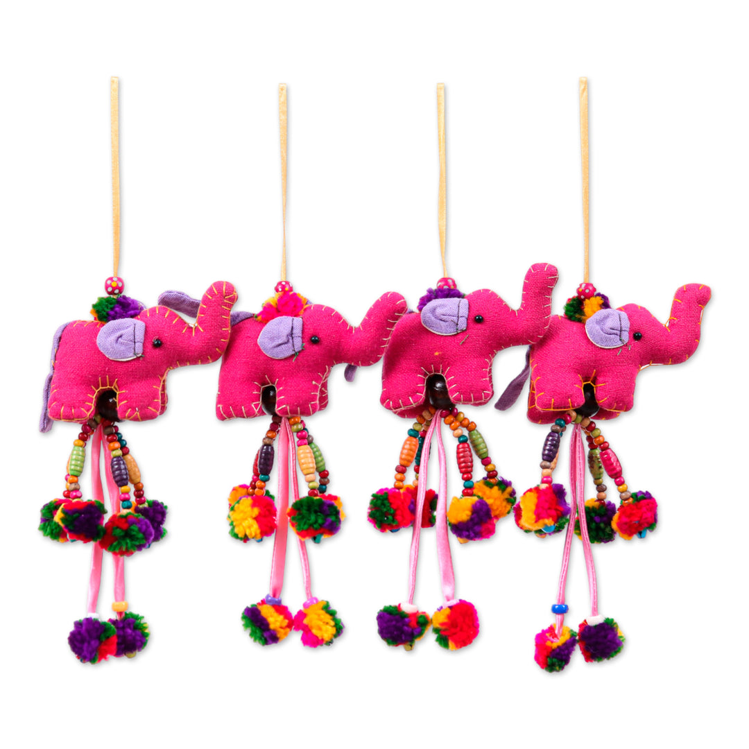 4-Piece Cotton Blend Elephant Ornament Set in Fuchsia Hues - Caprice of Giants