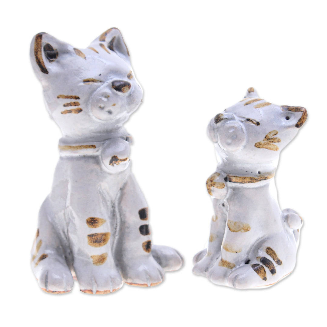 Painted 2-Piece Ivory and Brown Ceramic Cat Statuette Set - Feline Reputation