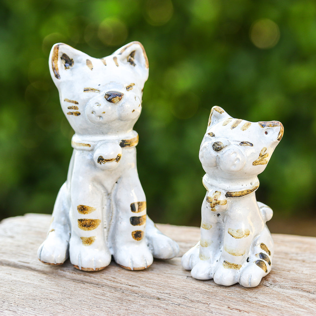 Painted 2-Piece Ivory and Brown Ceramic Cat Statuette Set - Feline Reputation