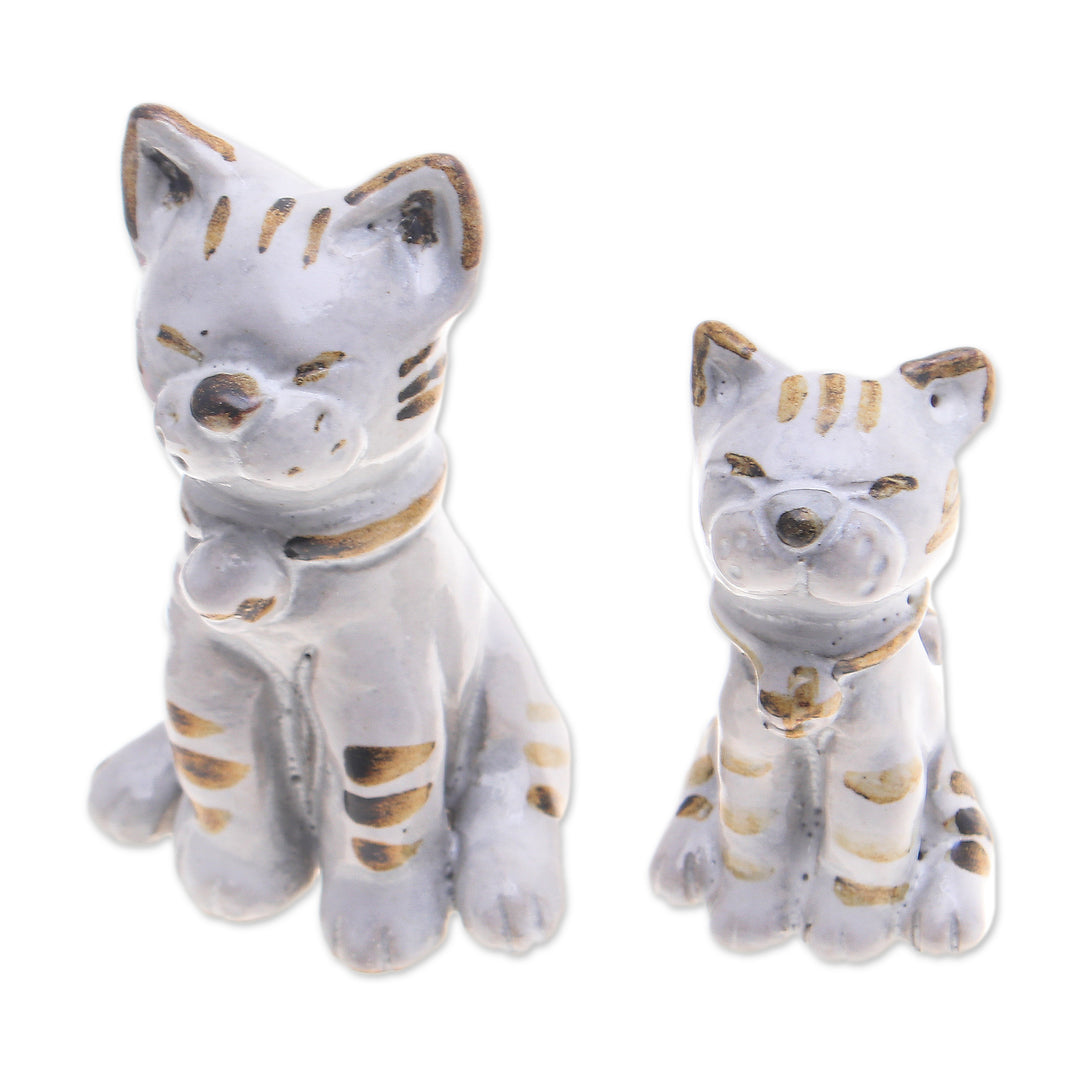 Painted 2-Piece Ivory and Brown Ceramic Cat Statuette Set - Feline Reputation
