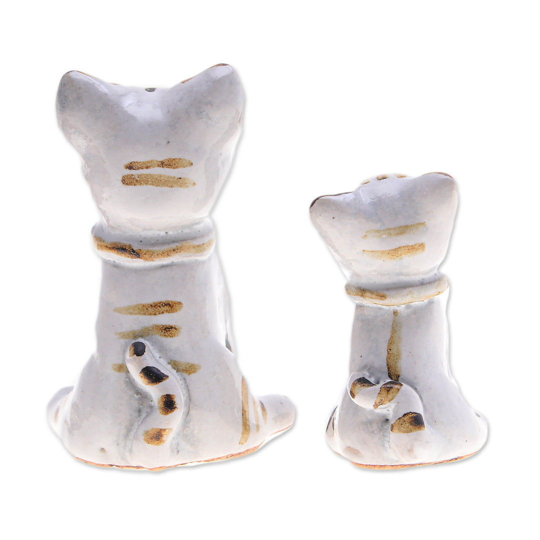 Painted 2-Piece Ivory and Brown Ceramic Cat Statuette Set - Feline Reputation