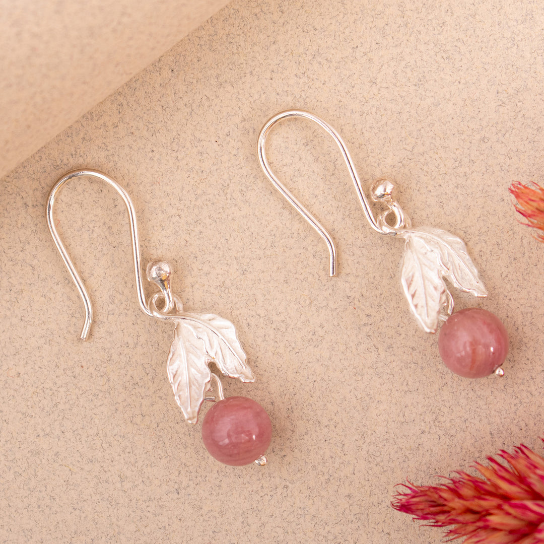 Nature-Inspired Leafy Natural Rhodonite Dangle Earrings - Healing Elements