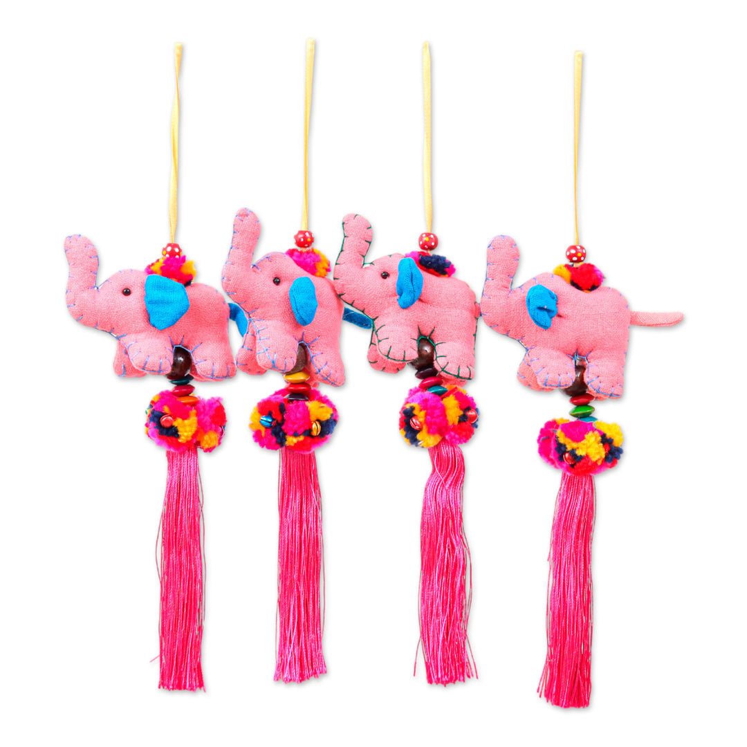 Thai Elephant-Themed 4-Piece Pink Cotton Blend Ornament Set - Pink Parade