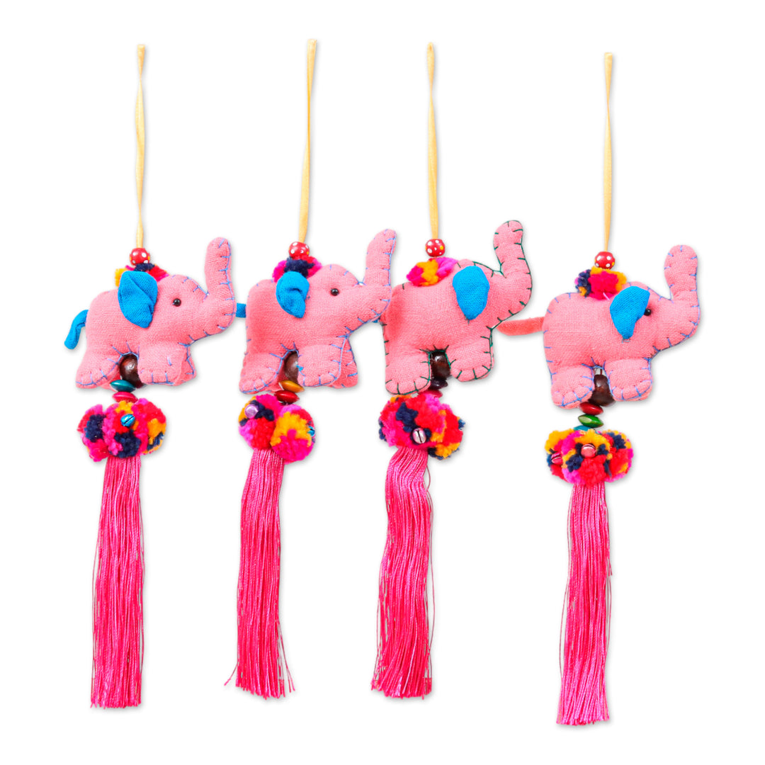 Thai Elephant-Themed 4-Piece Pink Cotton Blend Ornament Set - Pink Parade