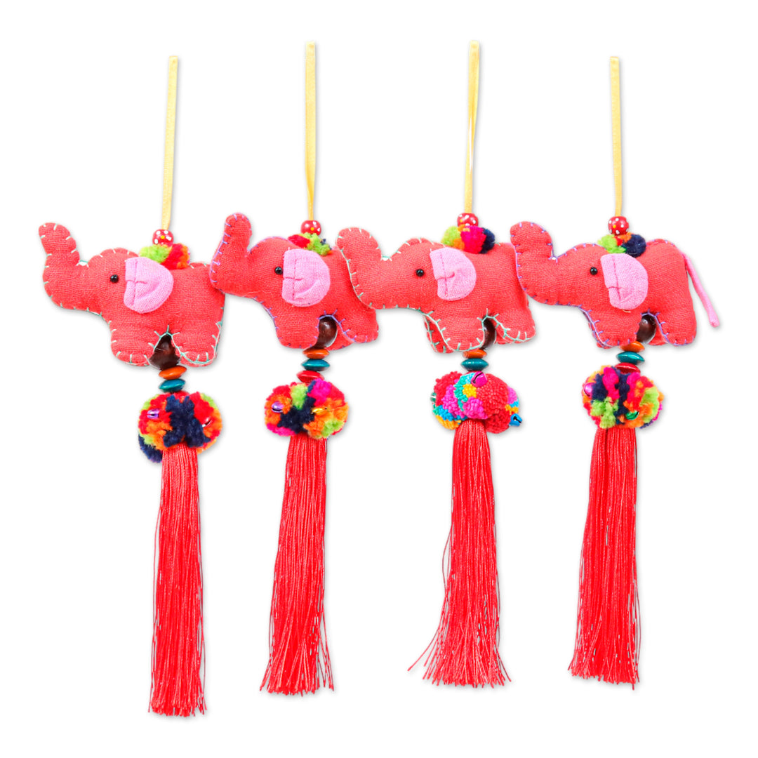 Red-Orange 4-Piece Cotton Blend Elephant Ornament Set - Flaming Parade