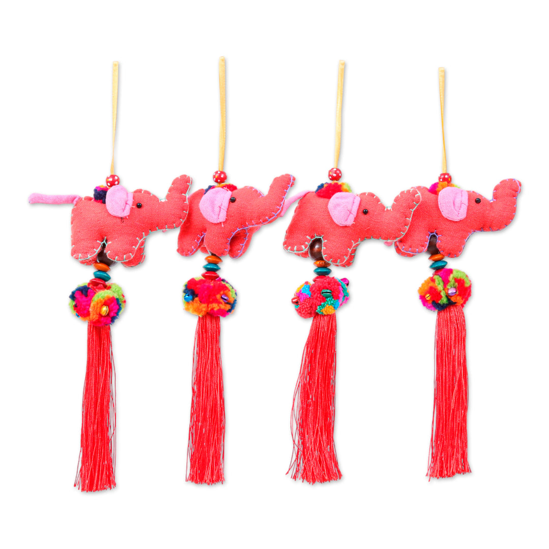 Red-Orange 4-Piece Cotton Blend Elephant Ornament Set - Flaming Parade