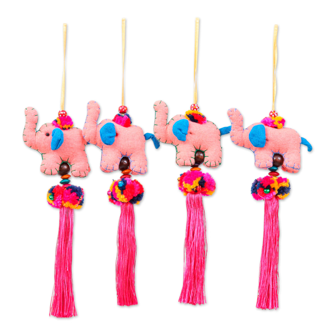 4-Piece Cotton Blend Elephant Ornament Set in Old Rose Hues - Rose Parade