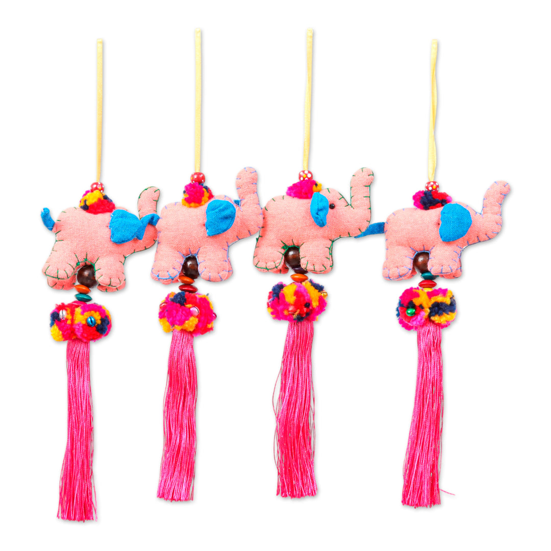 4-Piece Cotton Blend Elephant Ornament Set in Old Rose Hues - Rose Parade