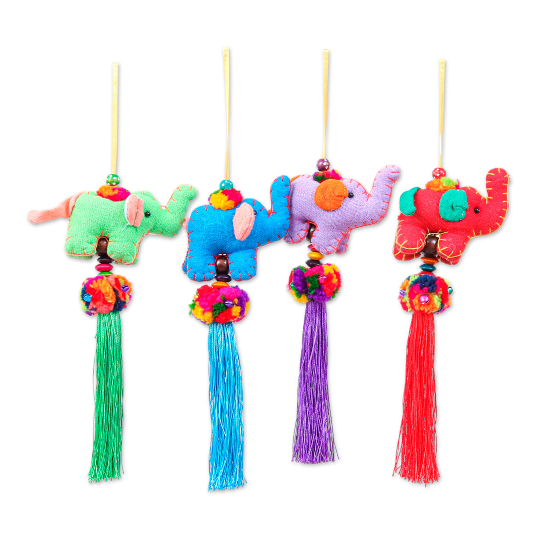 Artisan-Made 4-Piece Cotton Blend Elephant Ornament Set - Sweet Parade