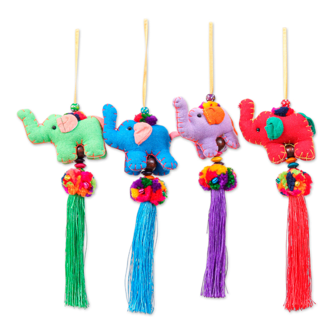 Artisan-Made 4-Piece Cotton Blend Elephant Ornament Set - Sweet Parade