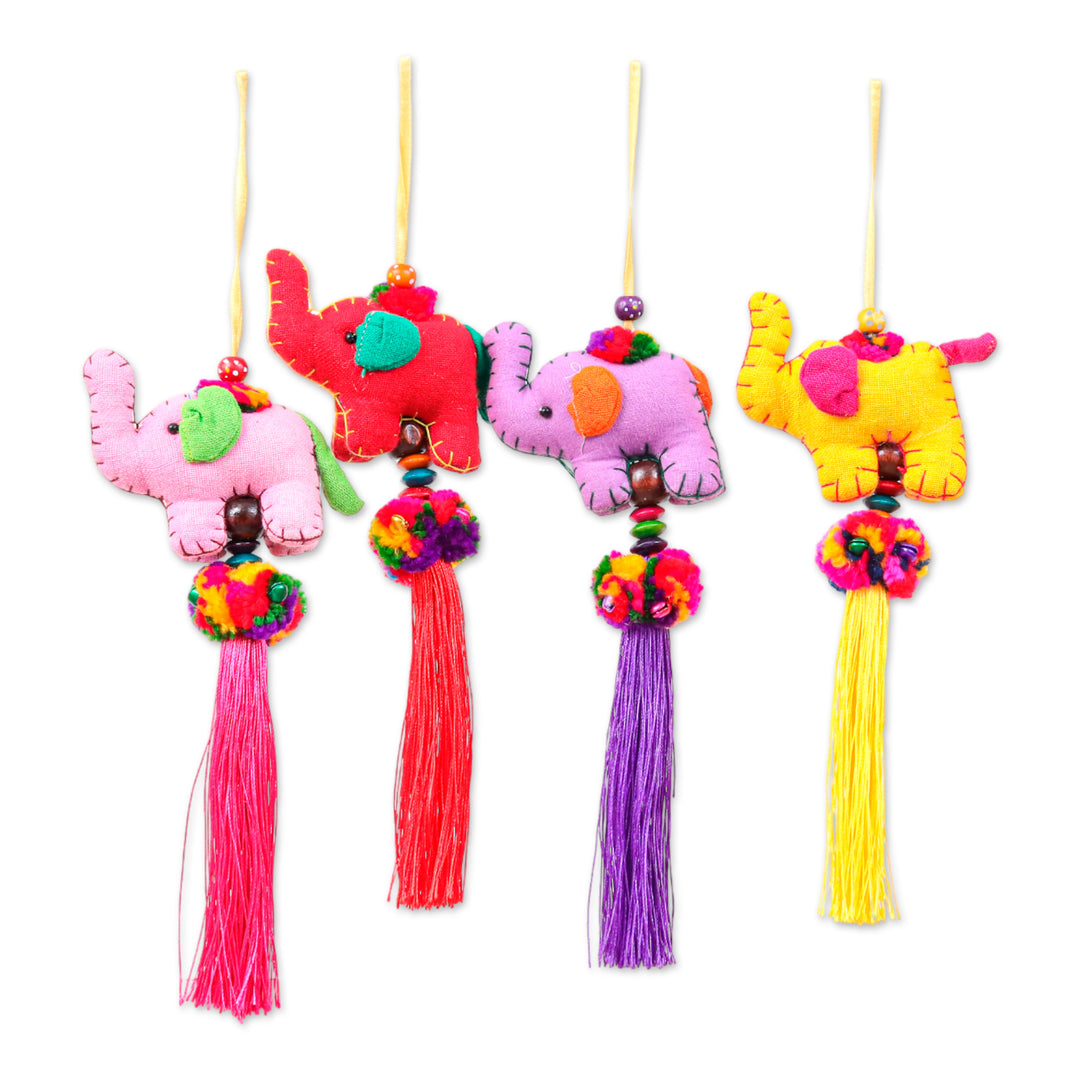 Thai-Made Elephant-Themed 4-Piece Cotton Blend Ornament Set - Precious Parade