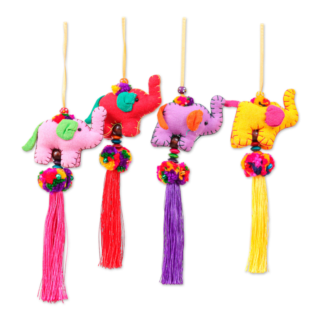 Thai-Made Elephant-Themed 4-Piece Cotton Blend Ornament Set - Precious Parade