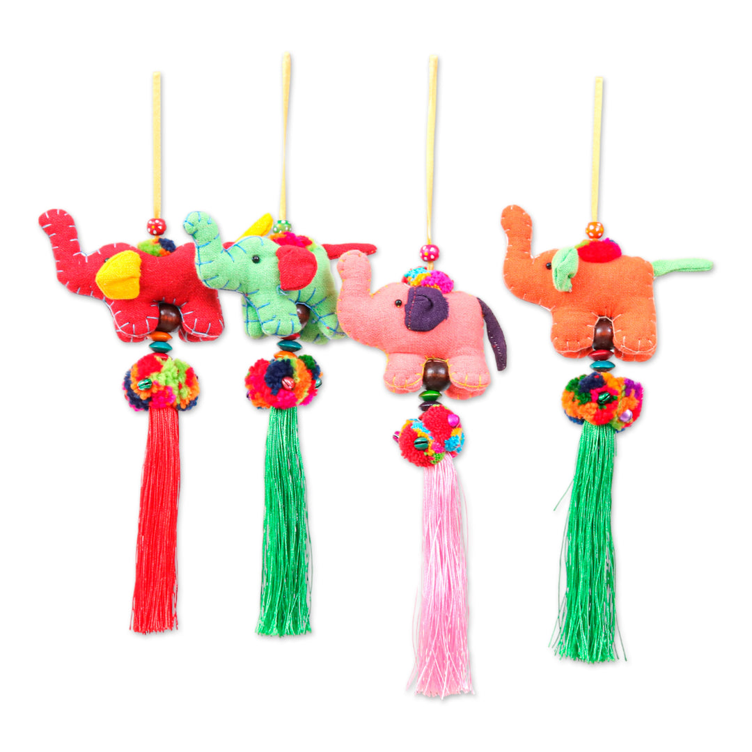 Thai Artisan-Made 4-Piece Cotton Blend Elephant Ornament Set - Vibrant Parade