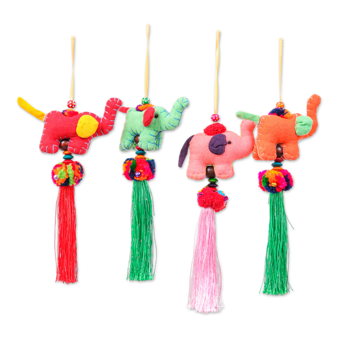Thai Artisan-Made 4-Piece Cotton Blend Elephant Ornament Set - Vibrant Parade