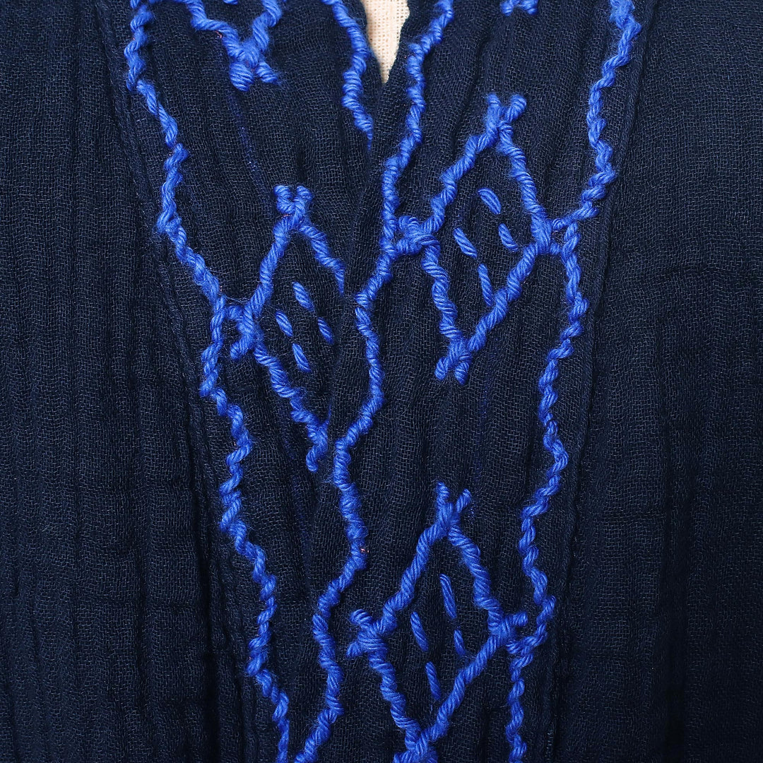 Diamond Embroidered Cotton Robe in Midnight from Thailand - Midnight Relaxation