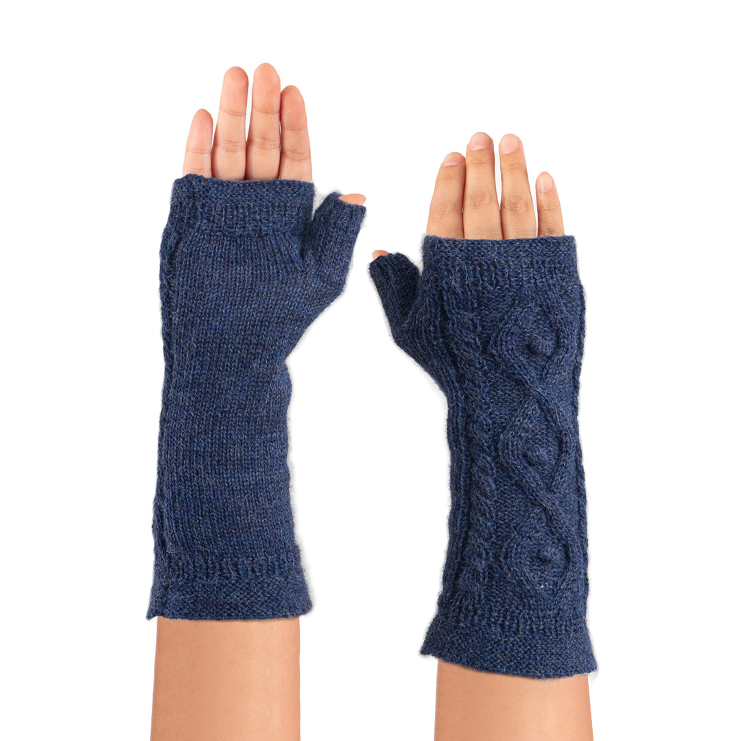 Handwoven Midnight Blue Alpaca Reversible Fingerless Mittens - Midnight Blue Glam