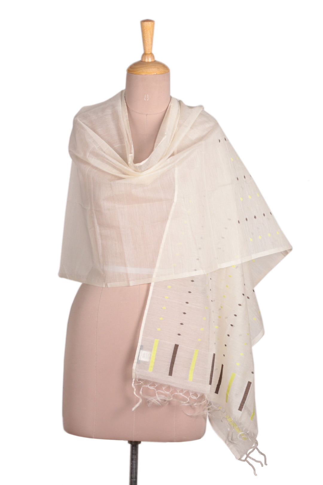 Handwoven Sheer Ivory Cotton and Silk Shawl with Fringes - Ivory Shadows