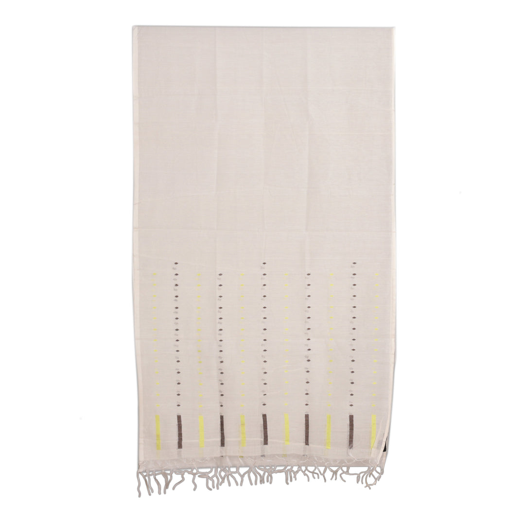 Handwoven Sheer Ivory Cotton and Silk Shawl with Fringes - Ivory Shadows
