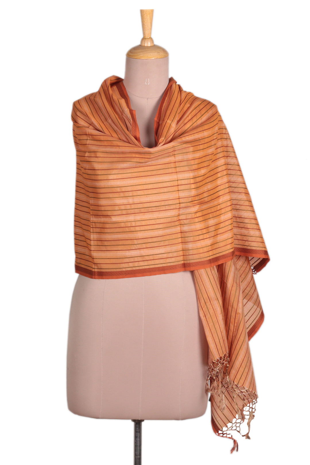 Warm-Toned Striped Cotton and Silk Shawl Handwoven in India - Inner Sunset