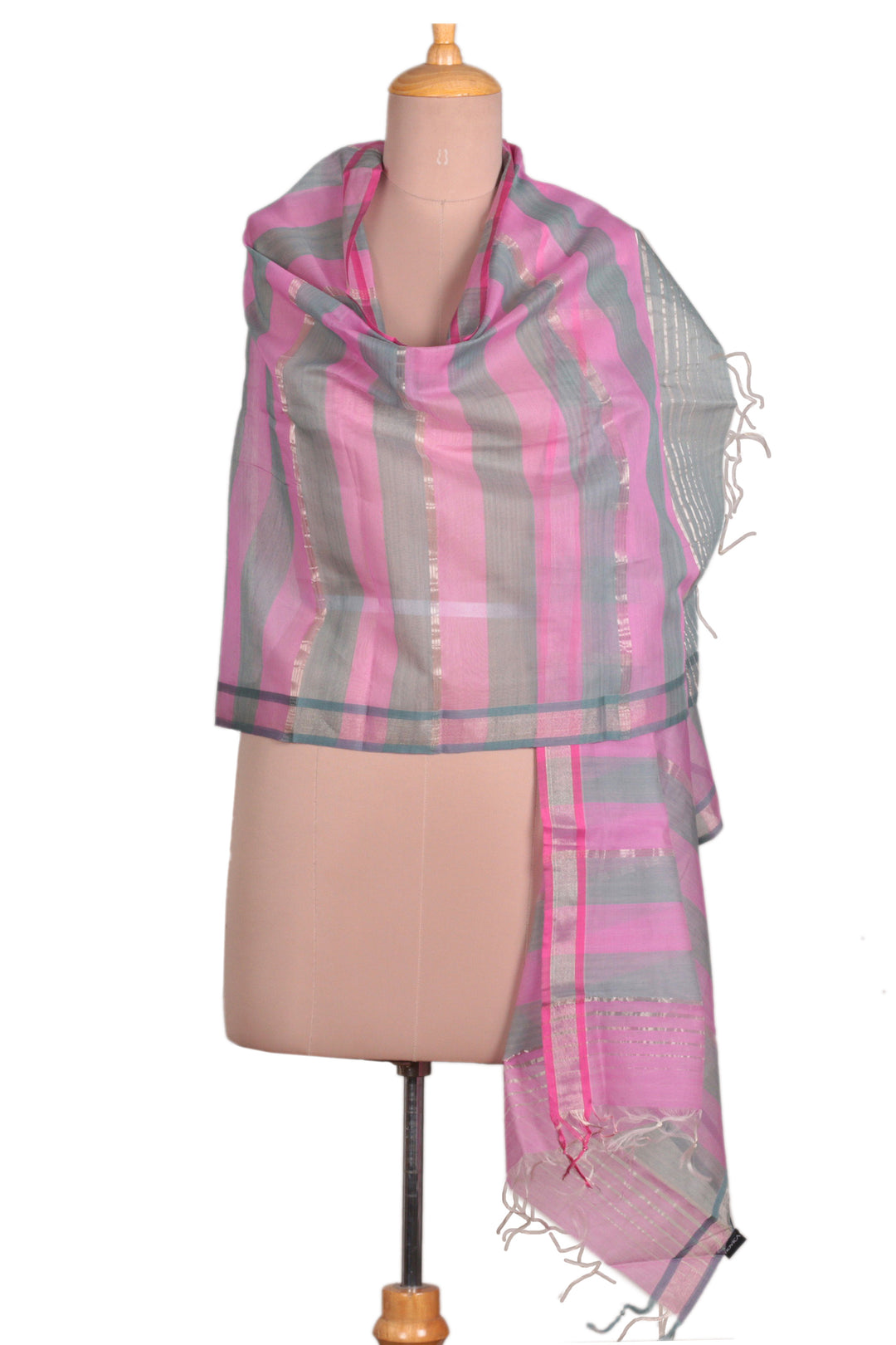 Artisan-Made Pink and Grey Striped Cotton & Silk Blend Shawl - Pink Occasions