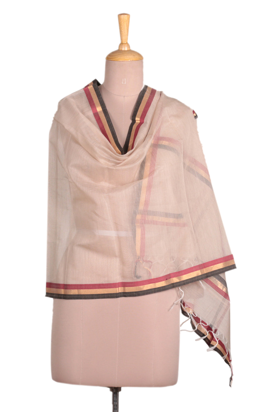 Handwoven Striped Cotton Blend Shawl with Zari Thread Accent - Classic India