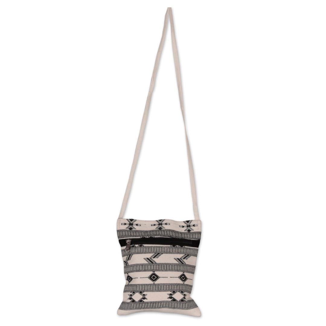 Folk Art-Patterned Ivory and Onyx Cotton Zippered Sling Bag - Ivory Medley