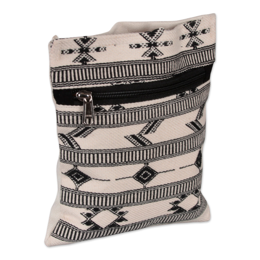 Folk Art-Patterned Ivory and Onyx Cotton Zippered Sling Bag - Ivory Medley