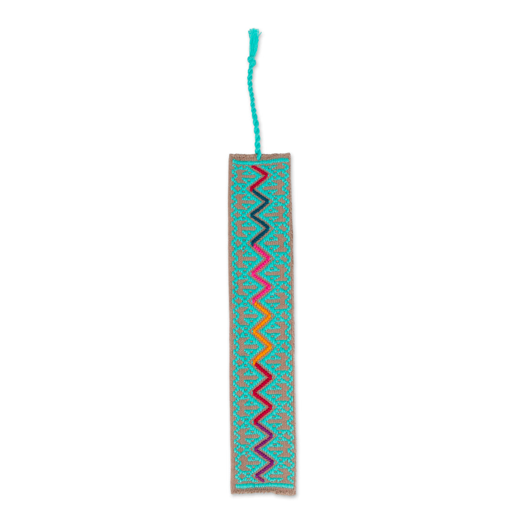 Zig-Zag-Patterned Celadon 100% Cotton Bookmark from Mexico - Celadon Rainbow