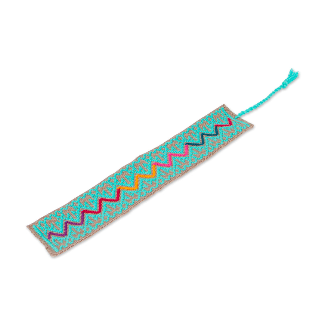 Zig-Zag-Patterned Celadon 100% Cotton Bookmark from Mexico - Celadon Rainbow