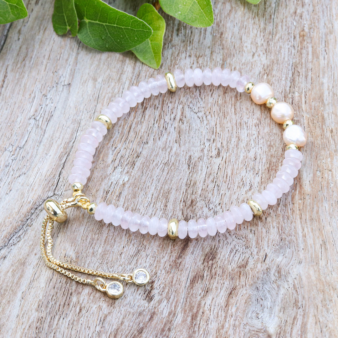 Multi-Gemstone Peach Pearl Beaded Bracelet in Pink Hues - Triple Sweetness