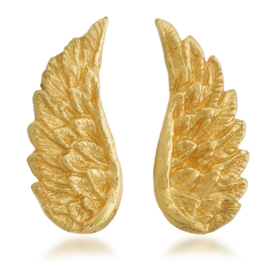 Wing-Themed Textured 22k Gold-Plated Brass Button Earrings - Fly to Me