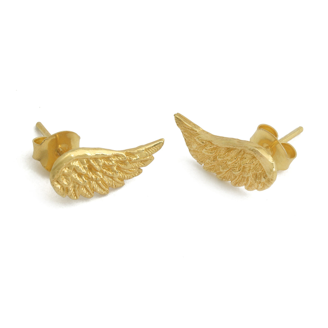 Wing-Themed Textured 22k Gold-Plated Brass Button Earrings - Fly to Me