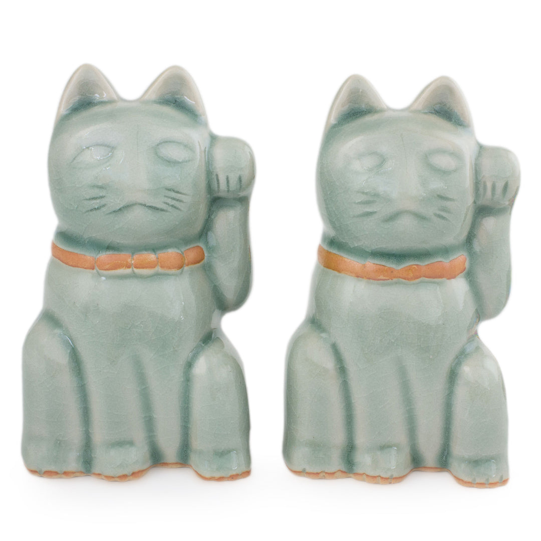 Celadon Ceramic Sculptures (Pair) - Lucky Cats