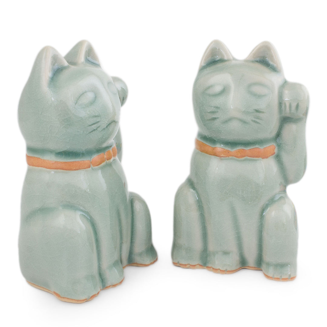 Celadon Ceramic Sculptures (Pair) - Lucky Cats