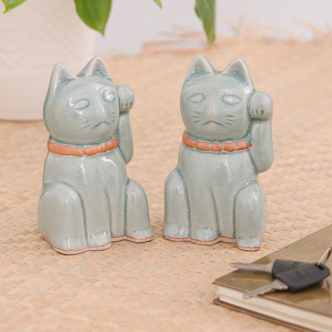 Celadon Ceramic Sculptures (Pair) - Lucky Cats