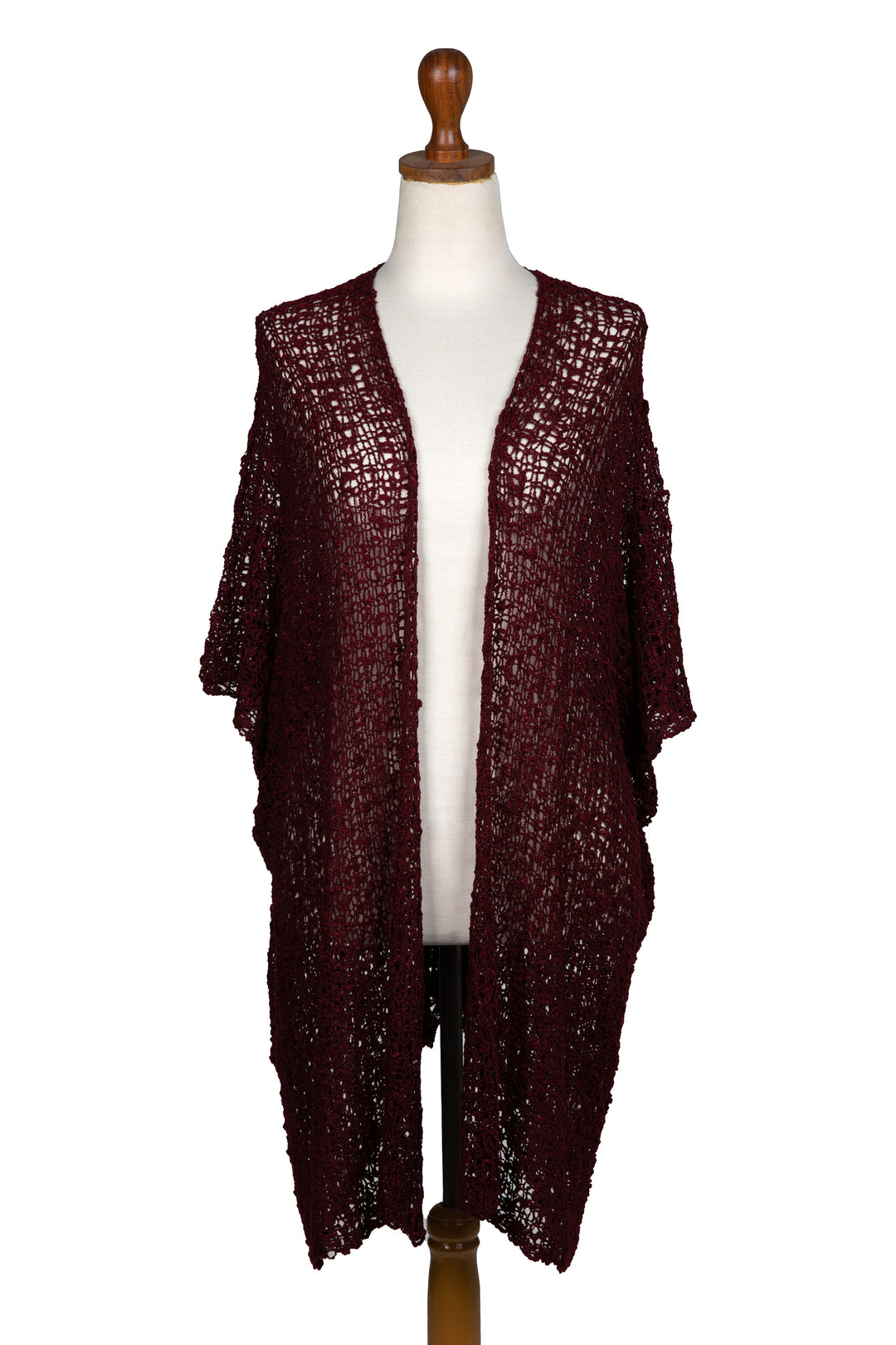 Red Open-Front Short-Sleeved Knit Long Jacket from Bali - Ultimate Allure in Burgundy