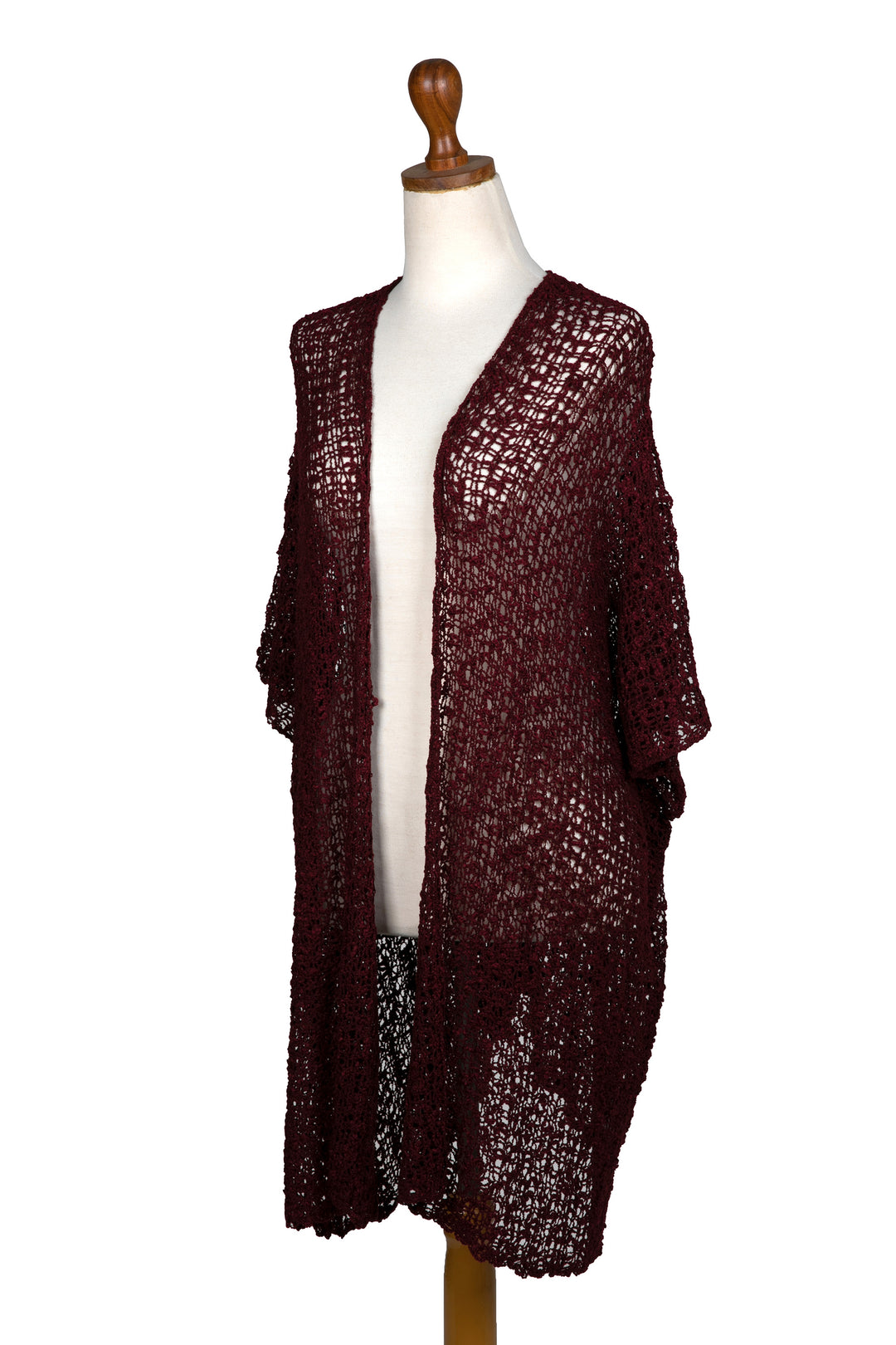Red Open-Front Short-Sleeved Knit Long Jacket from Bali - Ultimate Allure in Burgundy