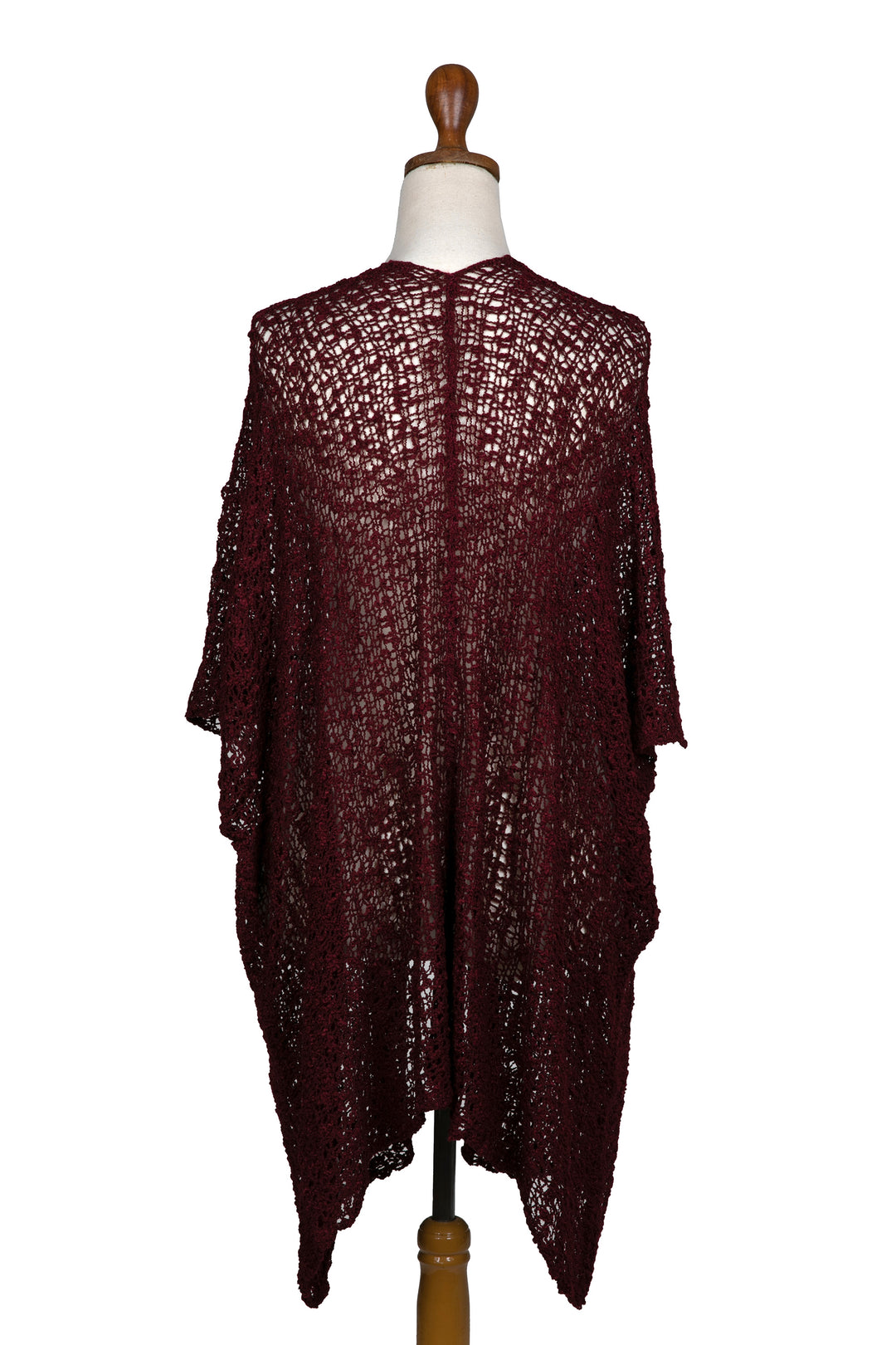 Red Open-Front Short-Sleeved Knit Long Jacket from Bali - Ultimate Allure in Burgundy