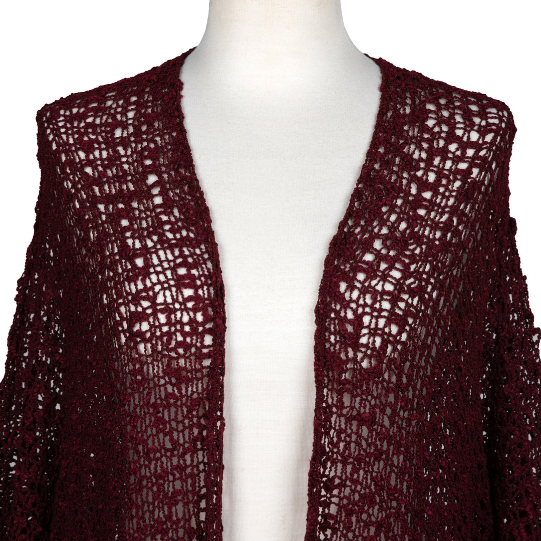 Red Open-Front Short-Sleeved Knit Long Jacket from Bali - Ultimate Allure in Burgundy