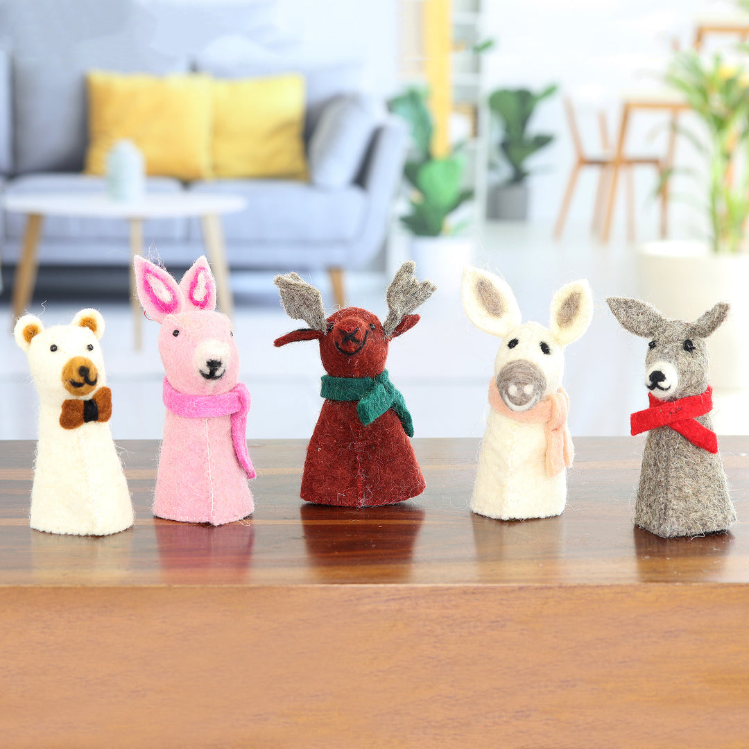 5 Wool Felt Farm Animal Bottle Toppers Handmade in India - Barnyard Holiday