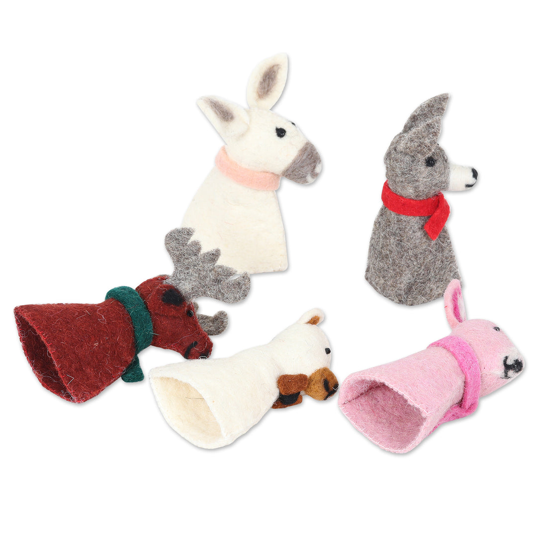 5 Wool Felt Farm Animal Bottle Toppers Handmade in India - Barnyard Holiday