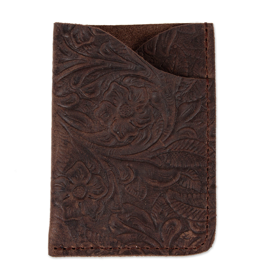 Brown Leather Card Wallet with Embossed Floral Motifs - Vertical Floral Pass