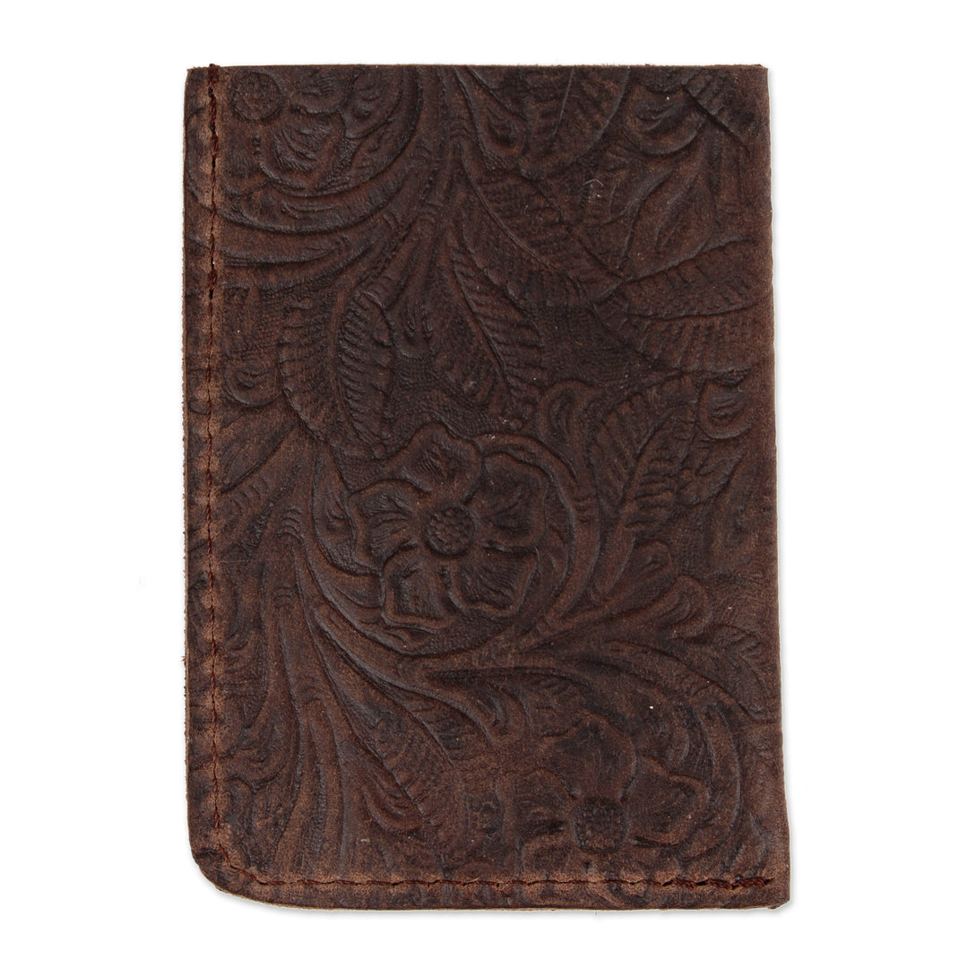 Brown Leather Card Wallet with Embossed Floral Motifs - Vertical Floral Pass