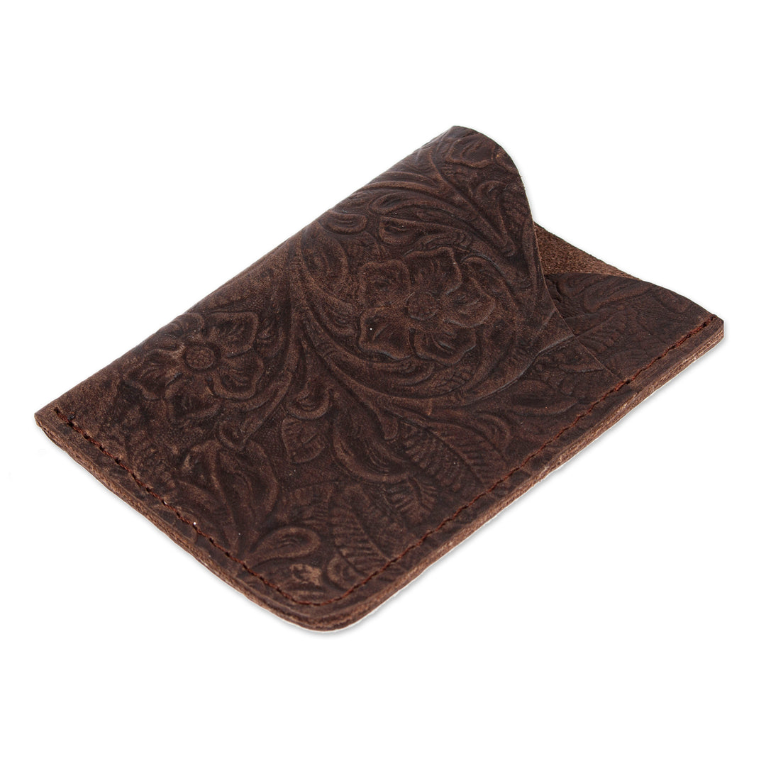 Brown Leather Card Wallet with Embossed Floral Motifs - Vertical Floral Pass